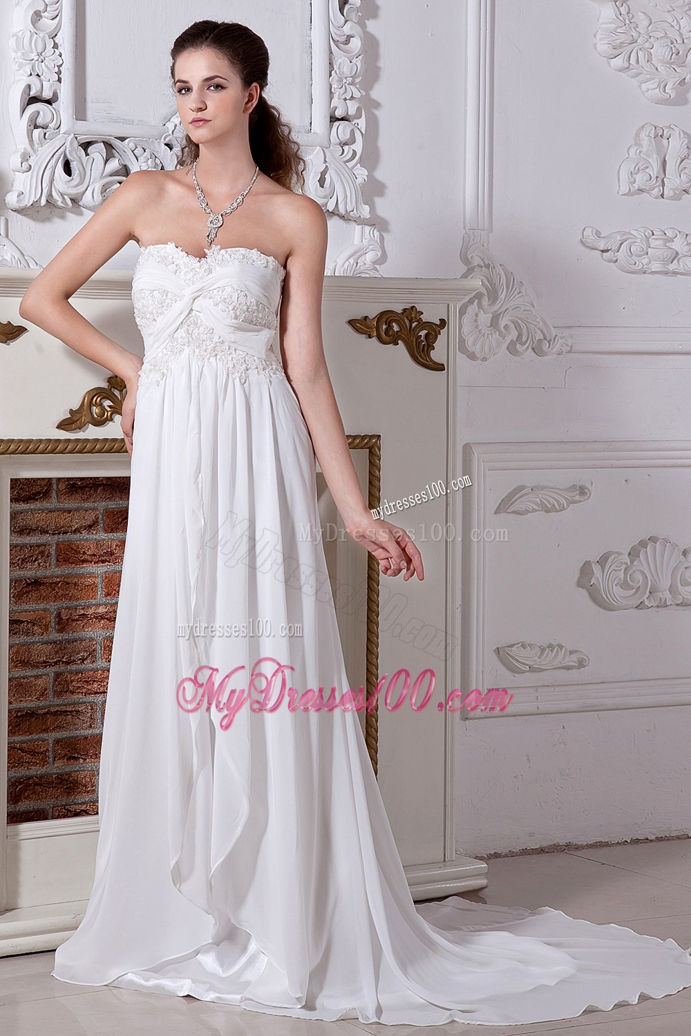 The Brand New Empire Court Train Wedding Dresses with Embroidery