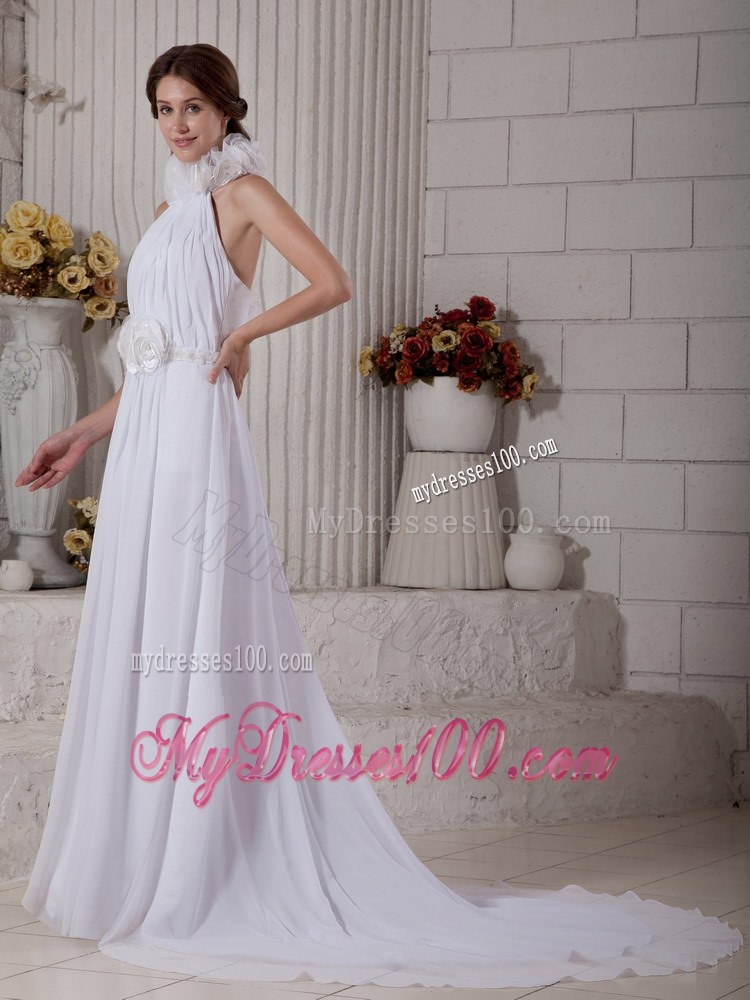 Brand New Empire Flowers High-neck Court Train Wedding Dresses