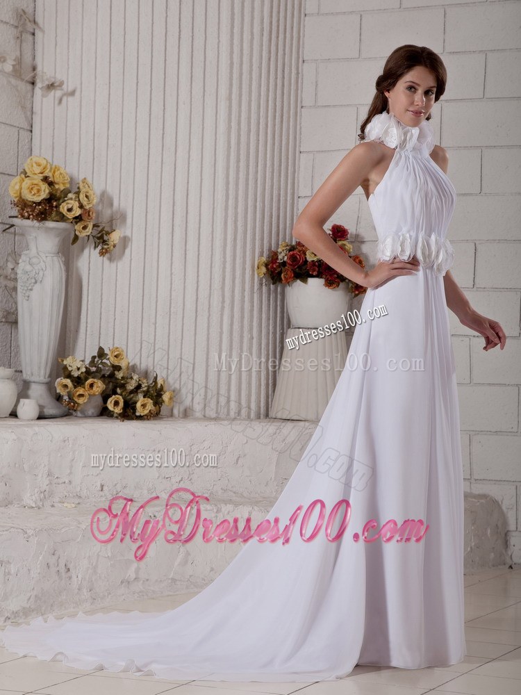 Brand New Empire Flowers High-neck Court Train Wedding Dresses