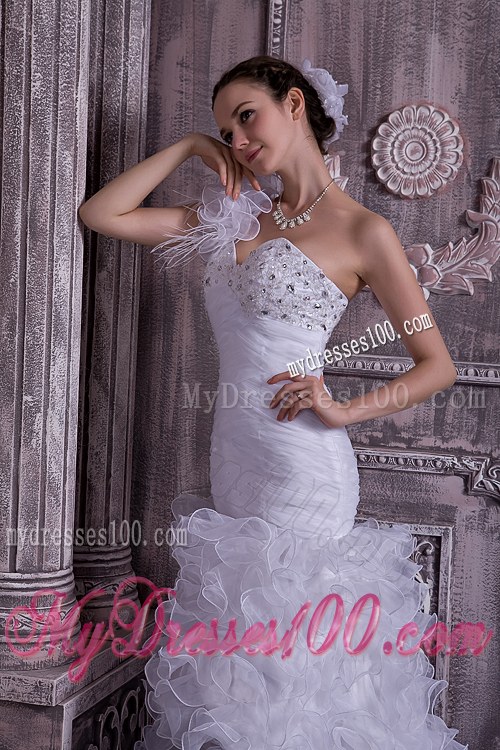 The Super Hot One Shoulder High-low Beaded Wedding Dress with Ruffles