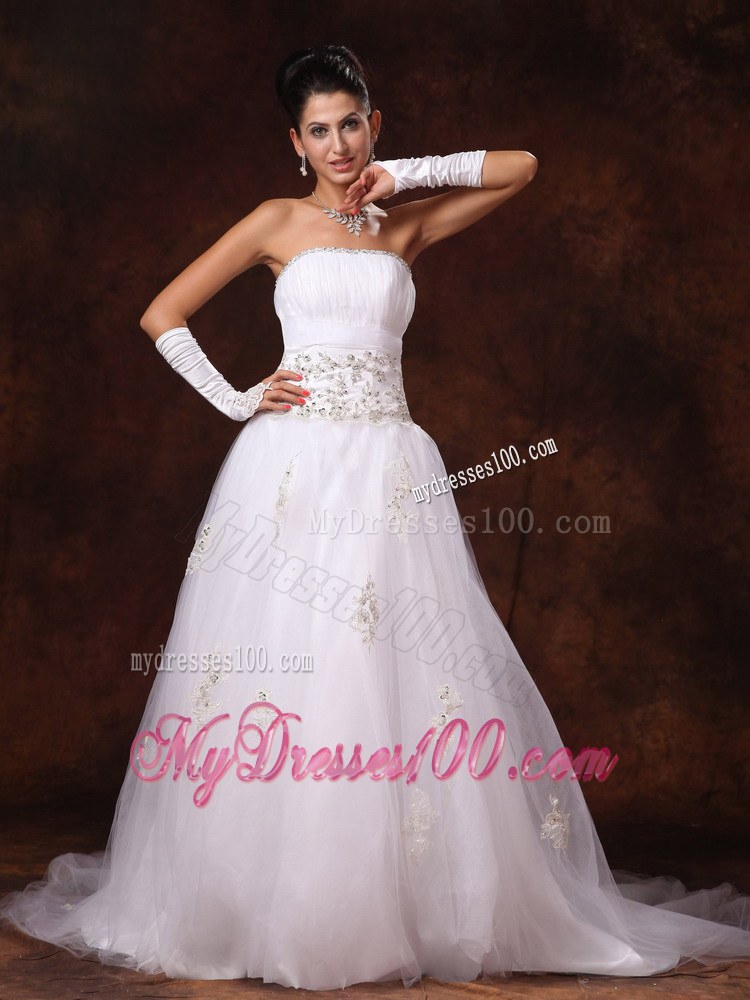 Strapless Appliques and Beaded Decorate Waist Court Train