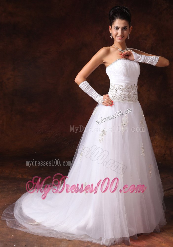 Strapless Appliques and Beaded Decorate Waist Court Train