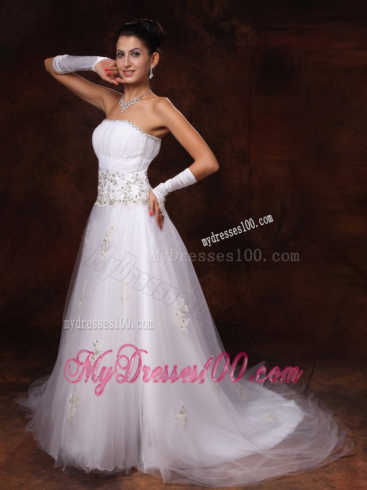 Strapless Appliques and Beaded Decorate Waist Court Train