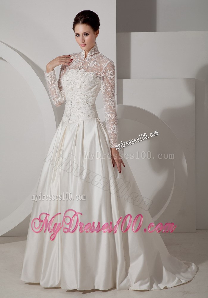 Unique High-neck Brush Train Lace Wedding Dress with Long Sleeves