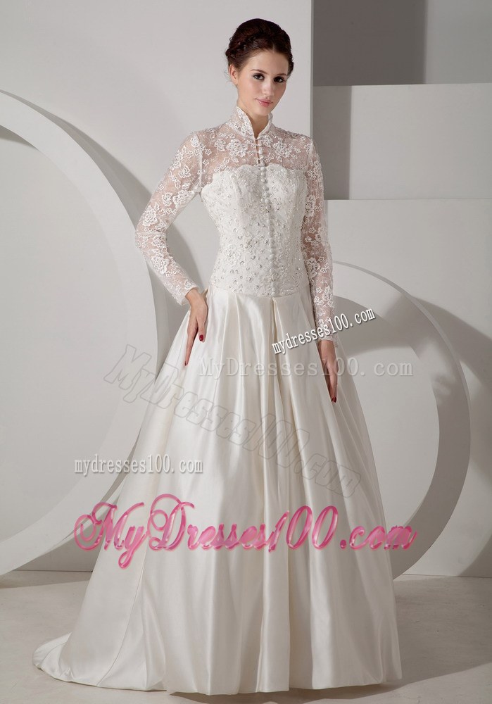 Unique High-neck Brush Train Lace Wedding Dress with Long Sleeves