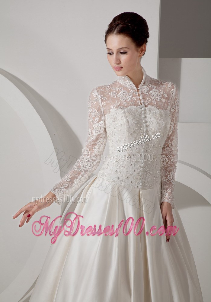 Unique High-neck Brush Train Lace Wedding Dress with Long Sleeves