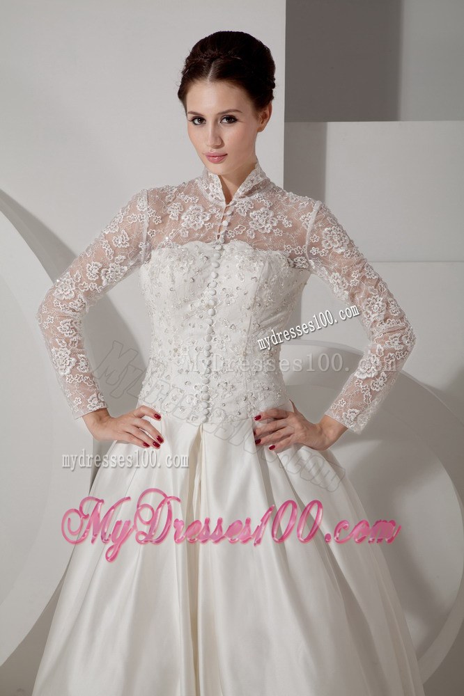 Unique High-neck Brush Train Lace Wedding Dress with Long Sleeves