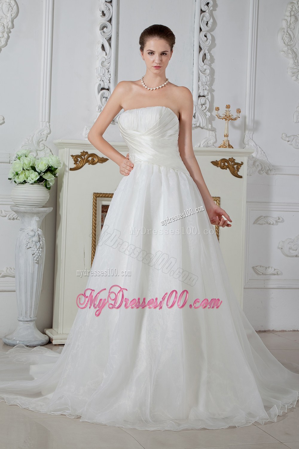 Simple Strapless Court Train Ruched Wedding Dresses for 2013