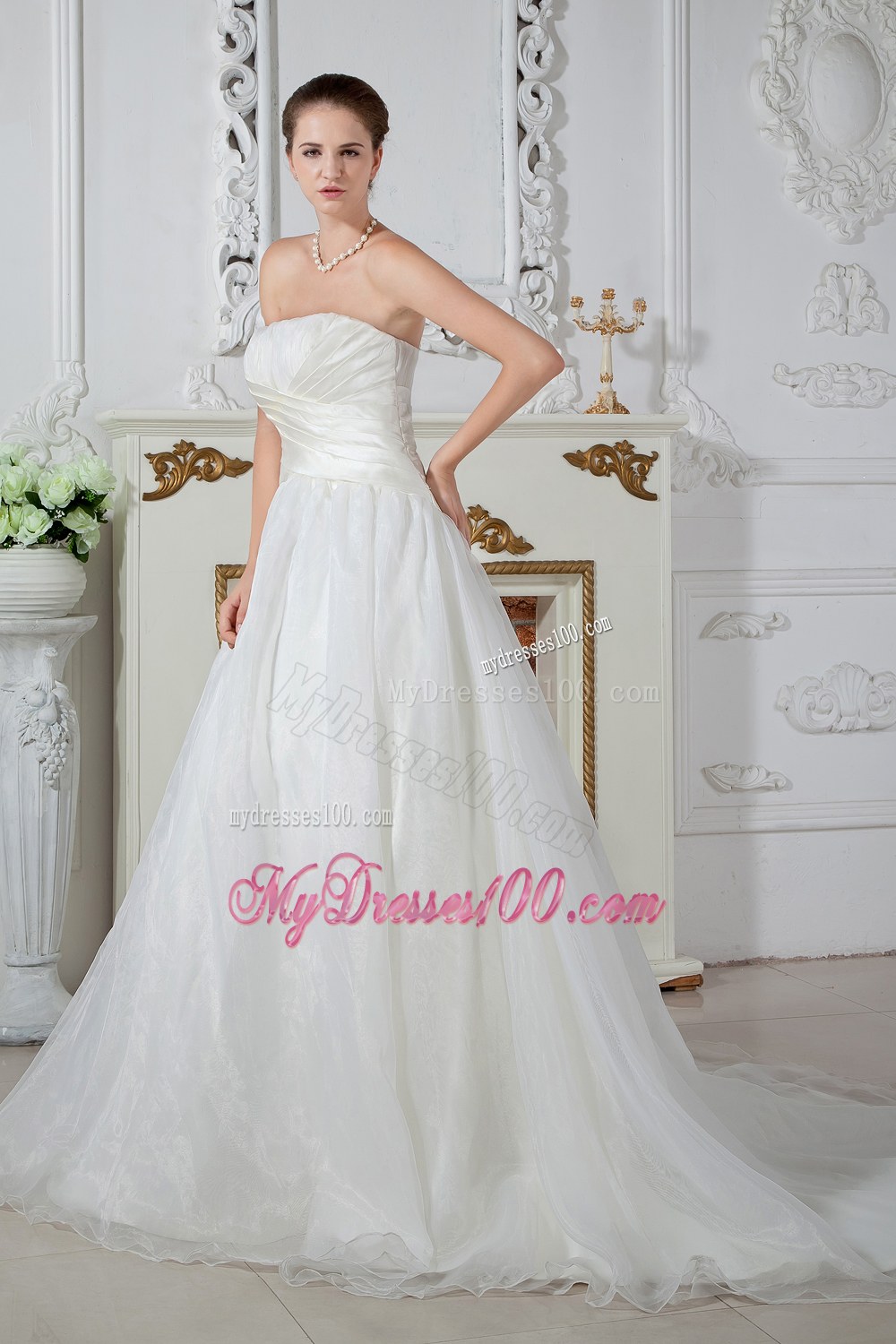 Simple Strapless Court Train Ruched Wedding Dresses for 2013