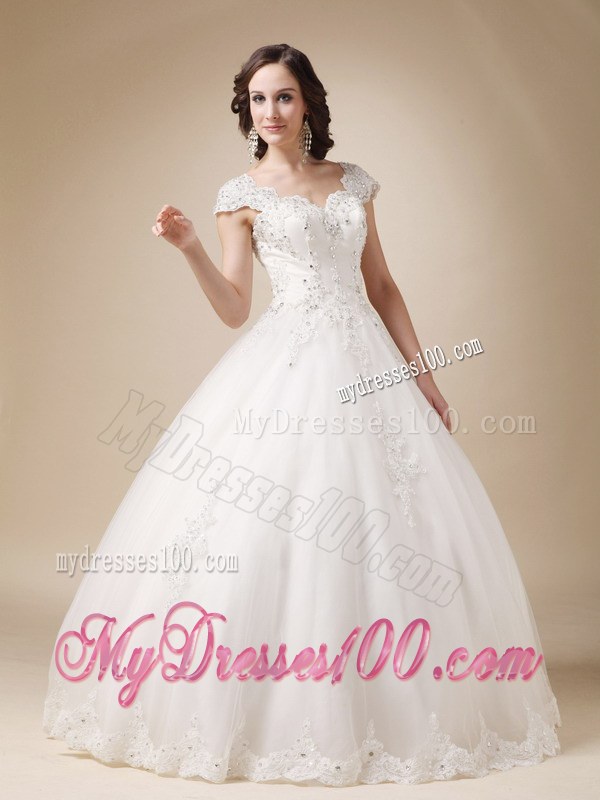 Unique Ball Gown Sweetheart Beaded Wedding Dresses with Cap Sleeves