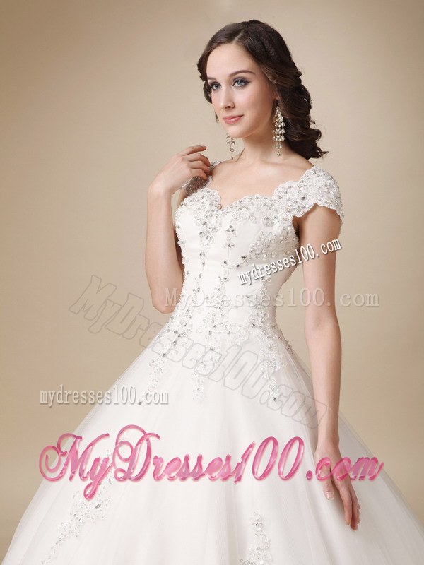 Unique Ball Gown Sweetheart Beaded Wedding Dresses with Cap Sleeves