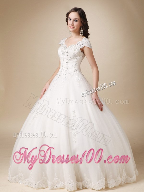 Unique Ball Gown Sweetheart Beaded Wedding Dresses with Cap Sleeves