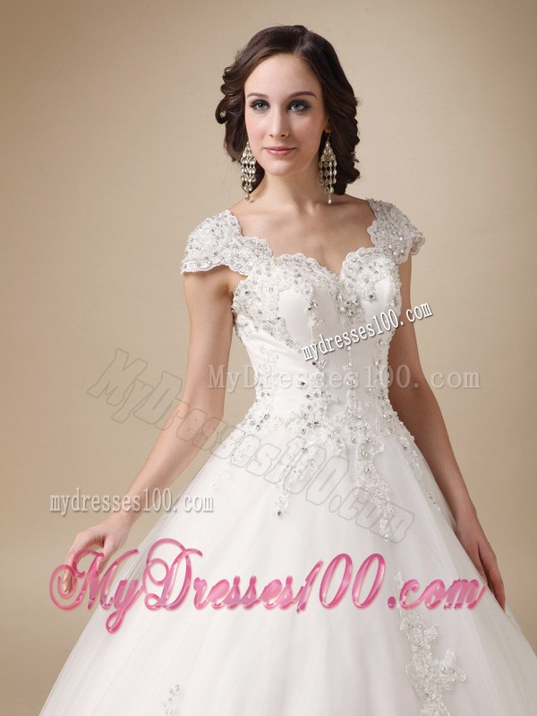Unique Ball Gown Sweetheart Beaded Wedding Dresses with Cap Sleeves