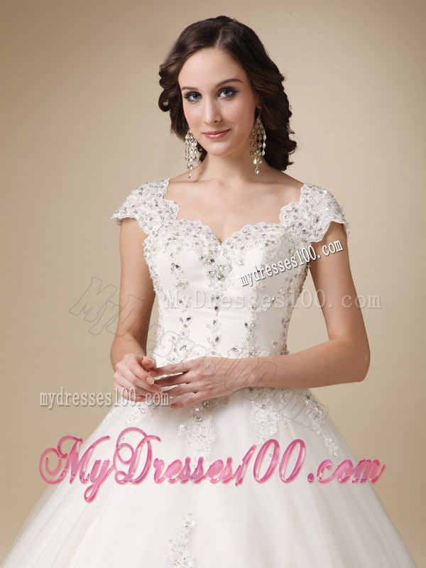 Unique Ball Gown Sweetheart Beaded Wedding Dresses with Cap Sleeves