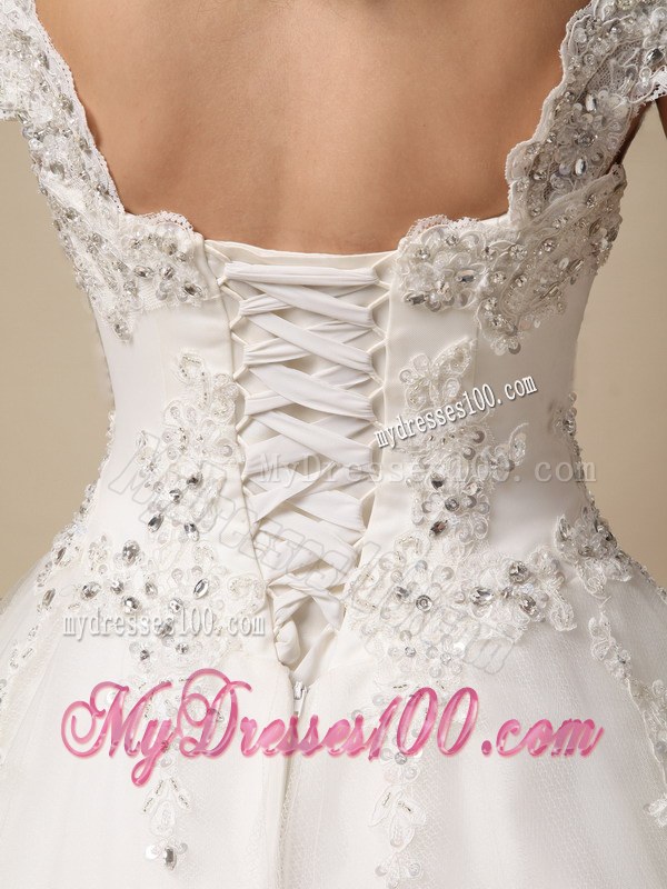 Unique Ball Gown Sweetheart Beaded Wedding Dresses with Cap Sleeves