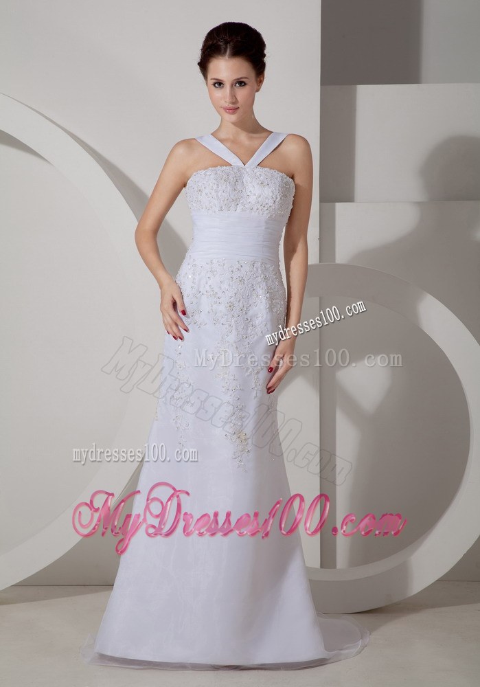 Unique V-neck Brush Train Appliques Discount Wedding Dress On Sale