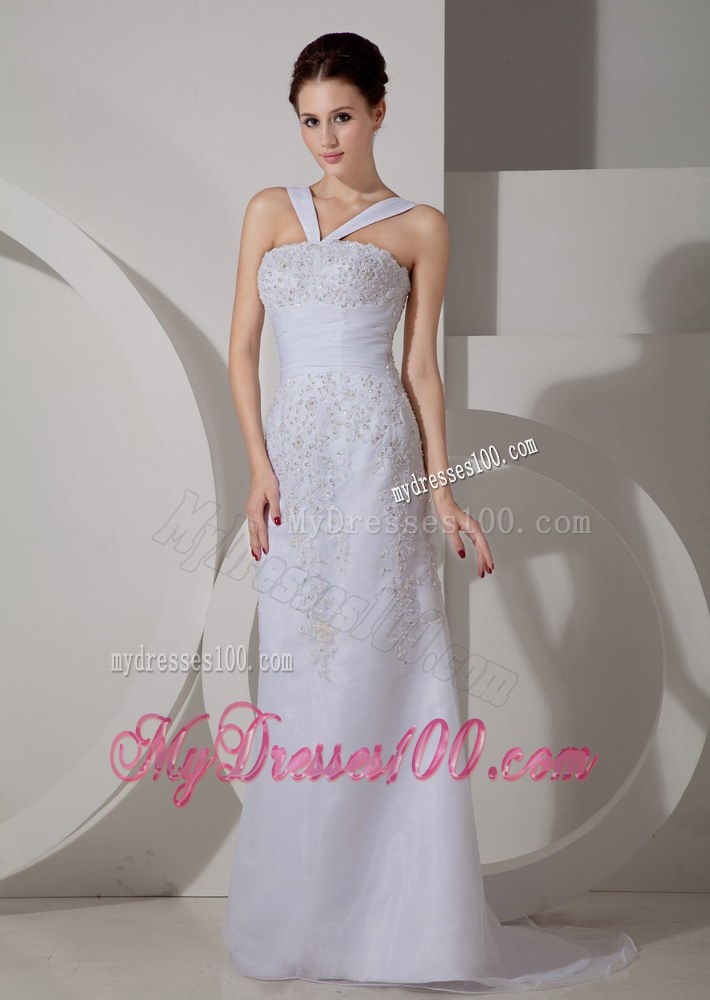 Unique V-neck Brush Train Appliques Discount Wedding Dress On Sale
