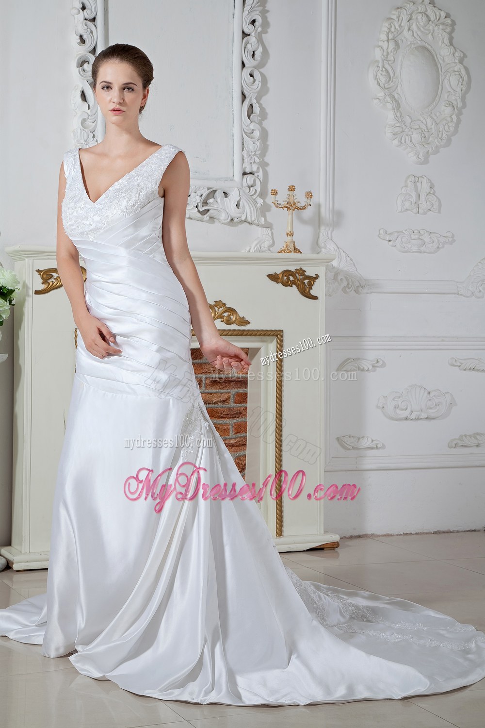 Unique V-neck Court Train Ruching Appliques Wedding Dresses