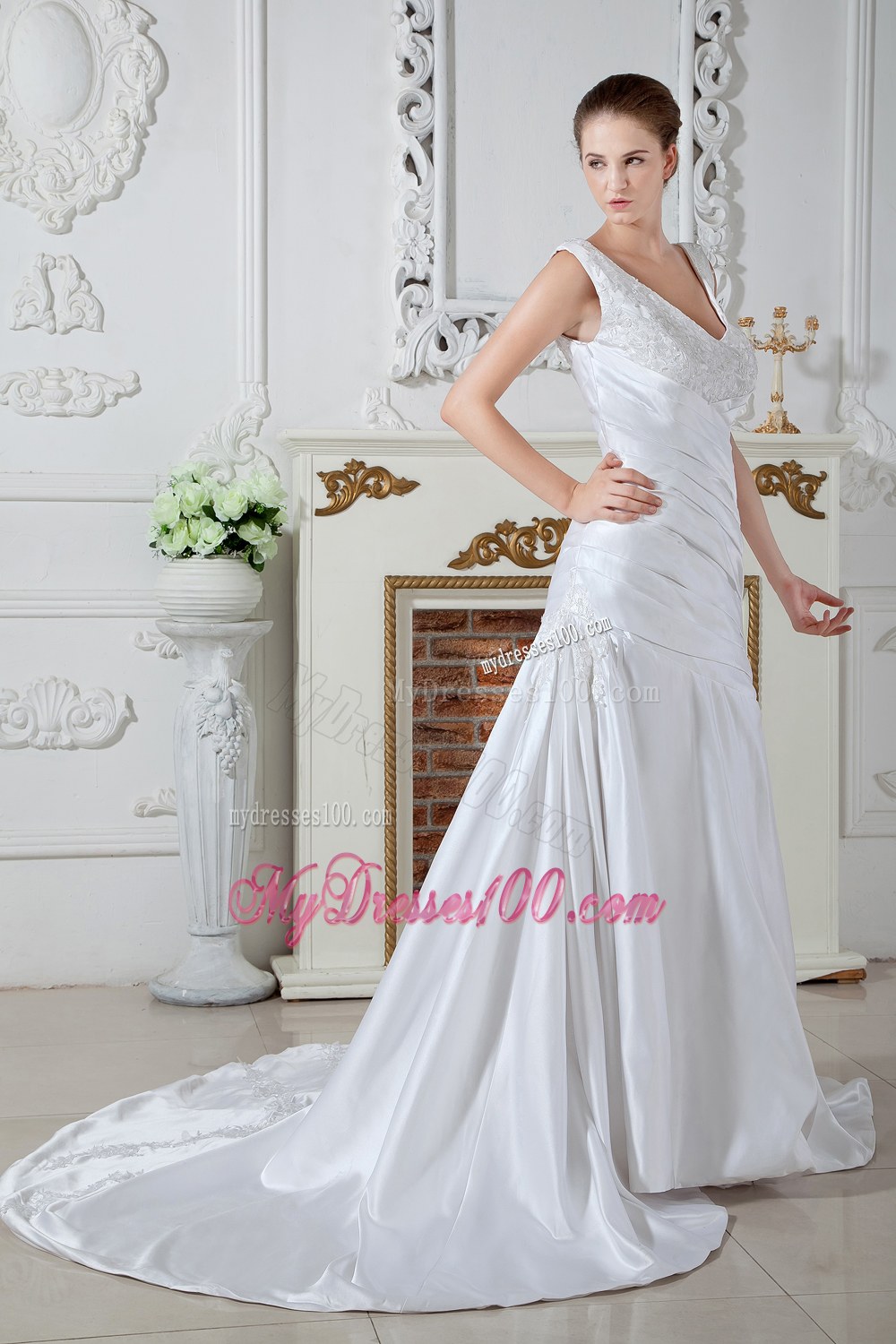 Unique V-neck Court Train Ruching Appliques Wedding Dresses