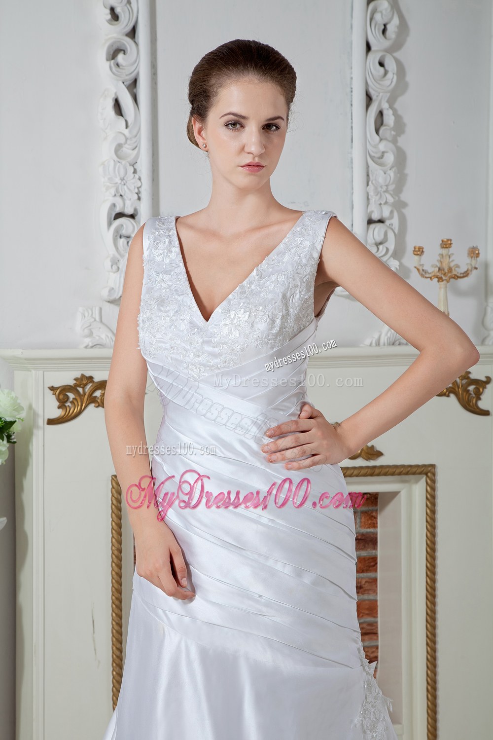 Unique V-neck Court Train Ruching Appliques Wedding Dresses