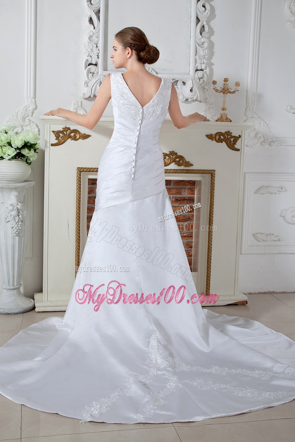Unique V-neck Court Train Ruching Appliques Wedding Dresses