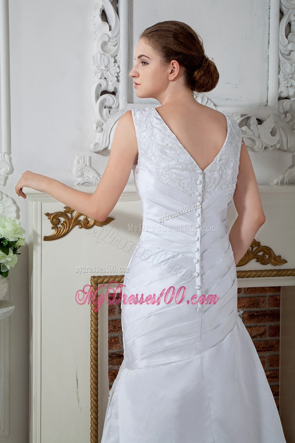 Unique V-neck Court Train Ruching Appliques Wedding Dresses
