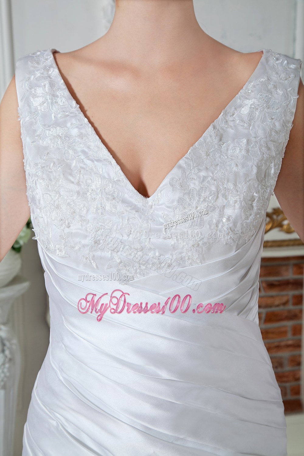 Unique V-neck Court Train Ruching Appliques Wedding Dresses