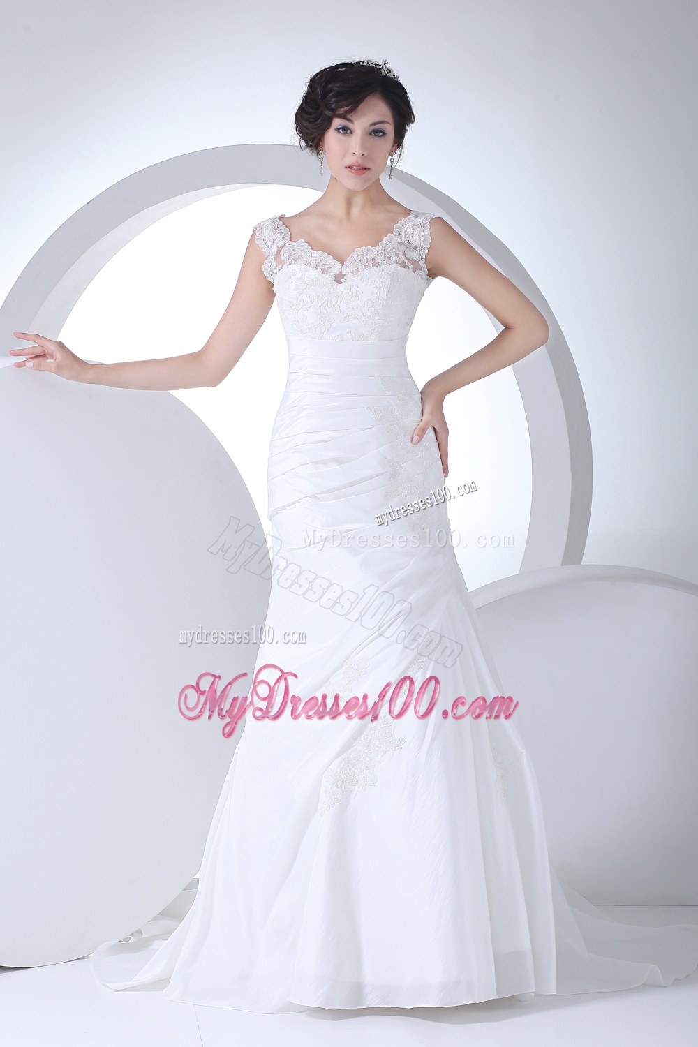 V-neck Column Appliques Ruching Brush Train Wedding Dress