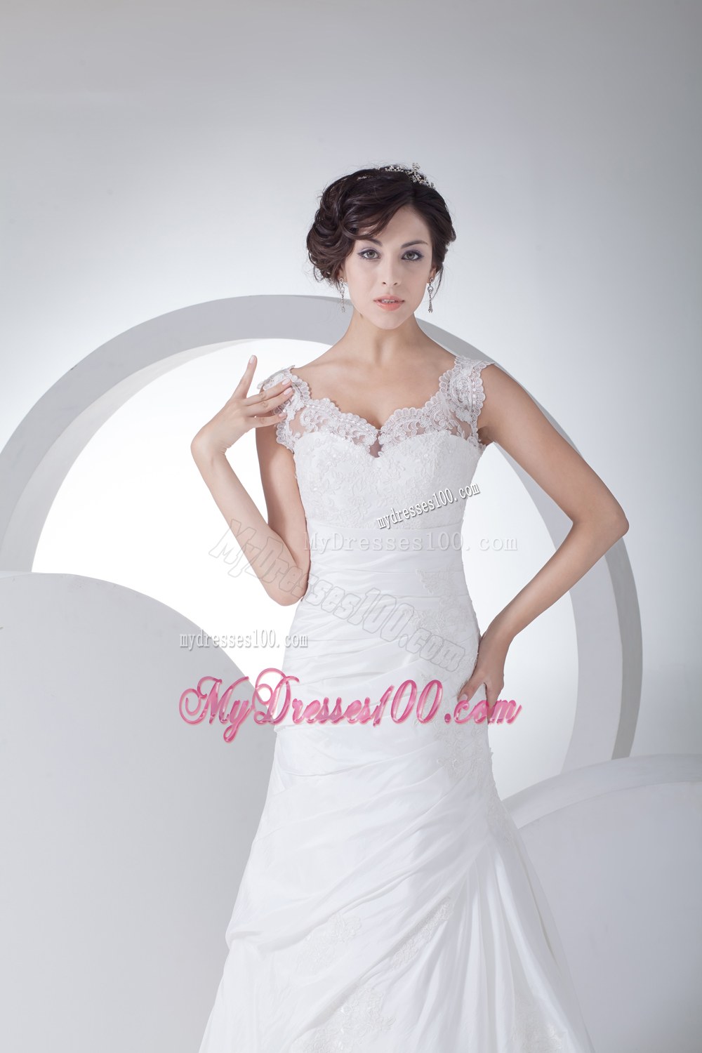 V-neck Column Appliques Ruching Brush Train Wedding Dress