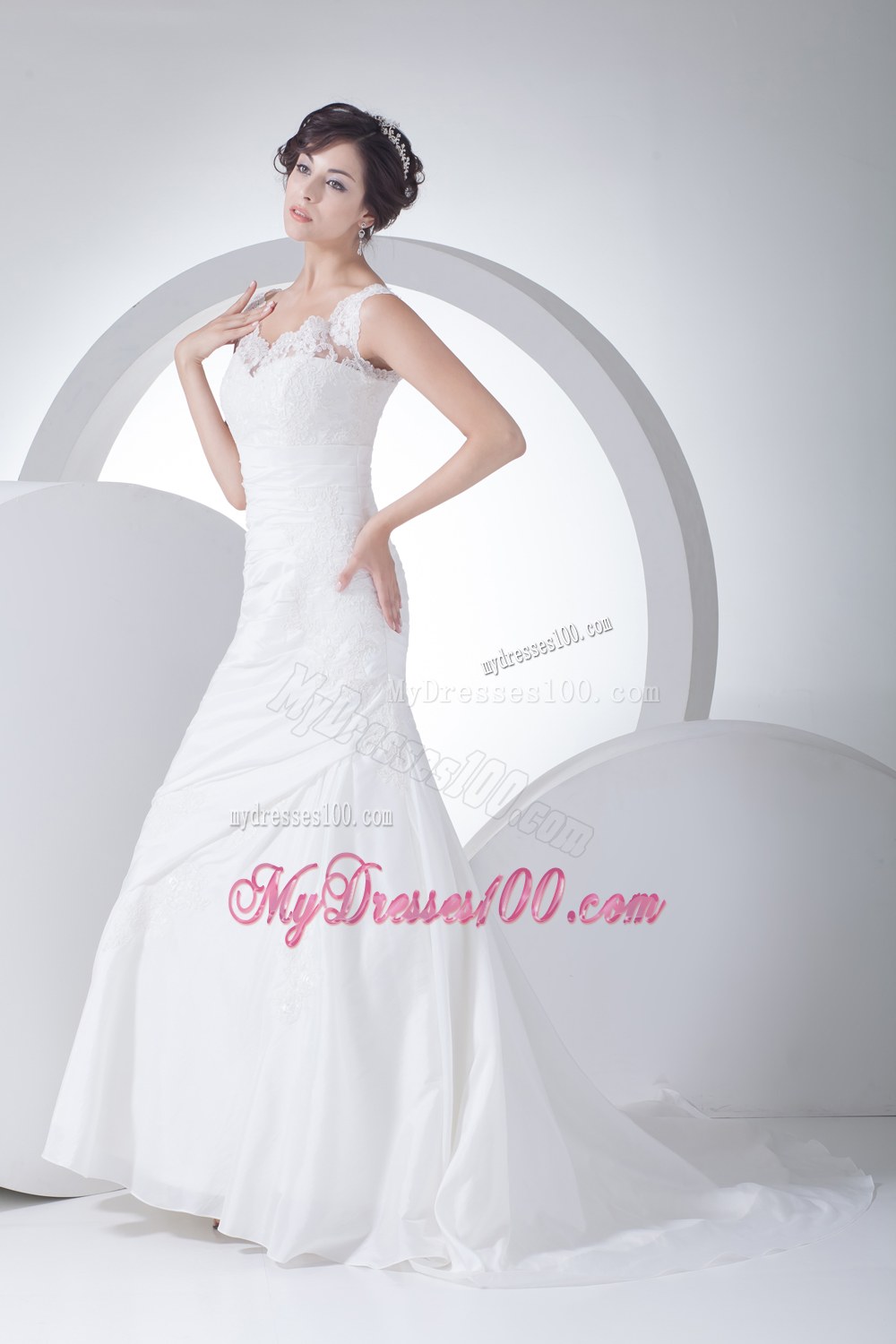 V-neck Column Appliques Ruching Brush Train Wedding Dress