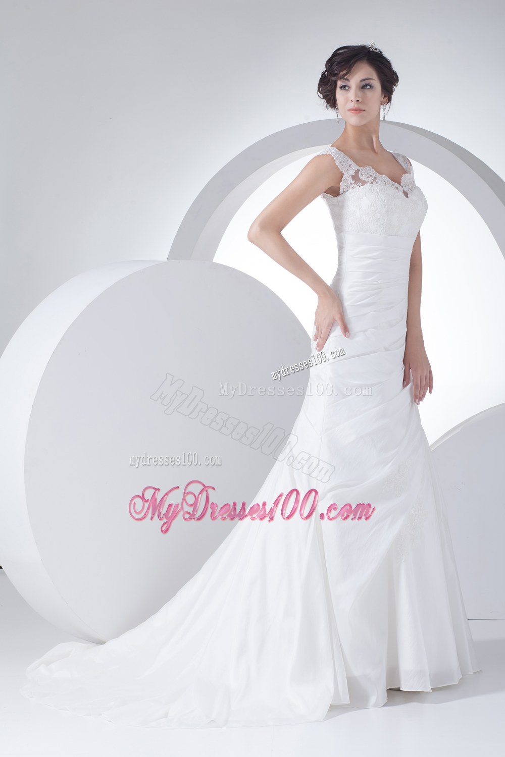 V-neck Column Appliques Ruching Brush Train Wedding Dress