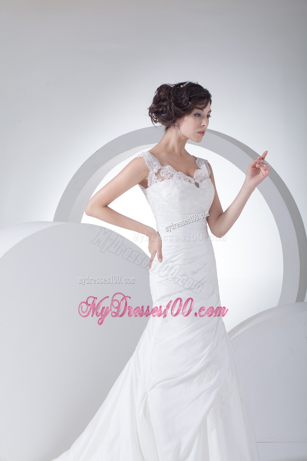 V-neck Column Appliques Ruching Brush Train Wedding Dress