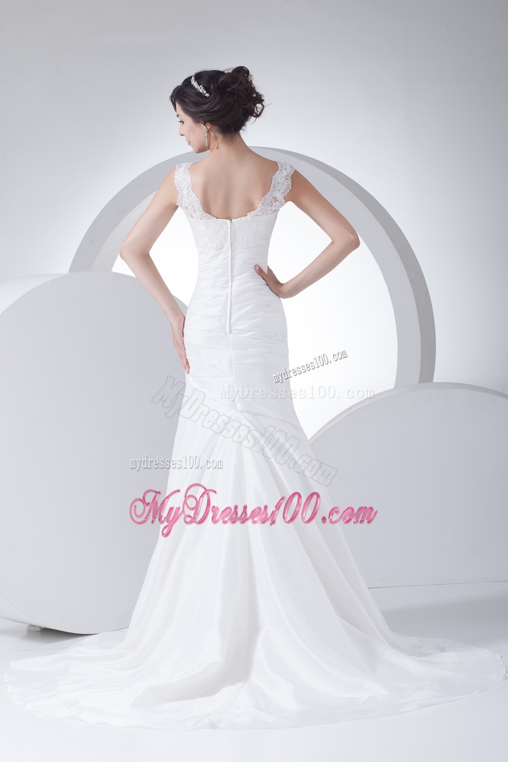 V-neck Column Appliques Ruching Brush Train Wedding Dress