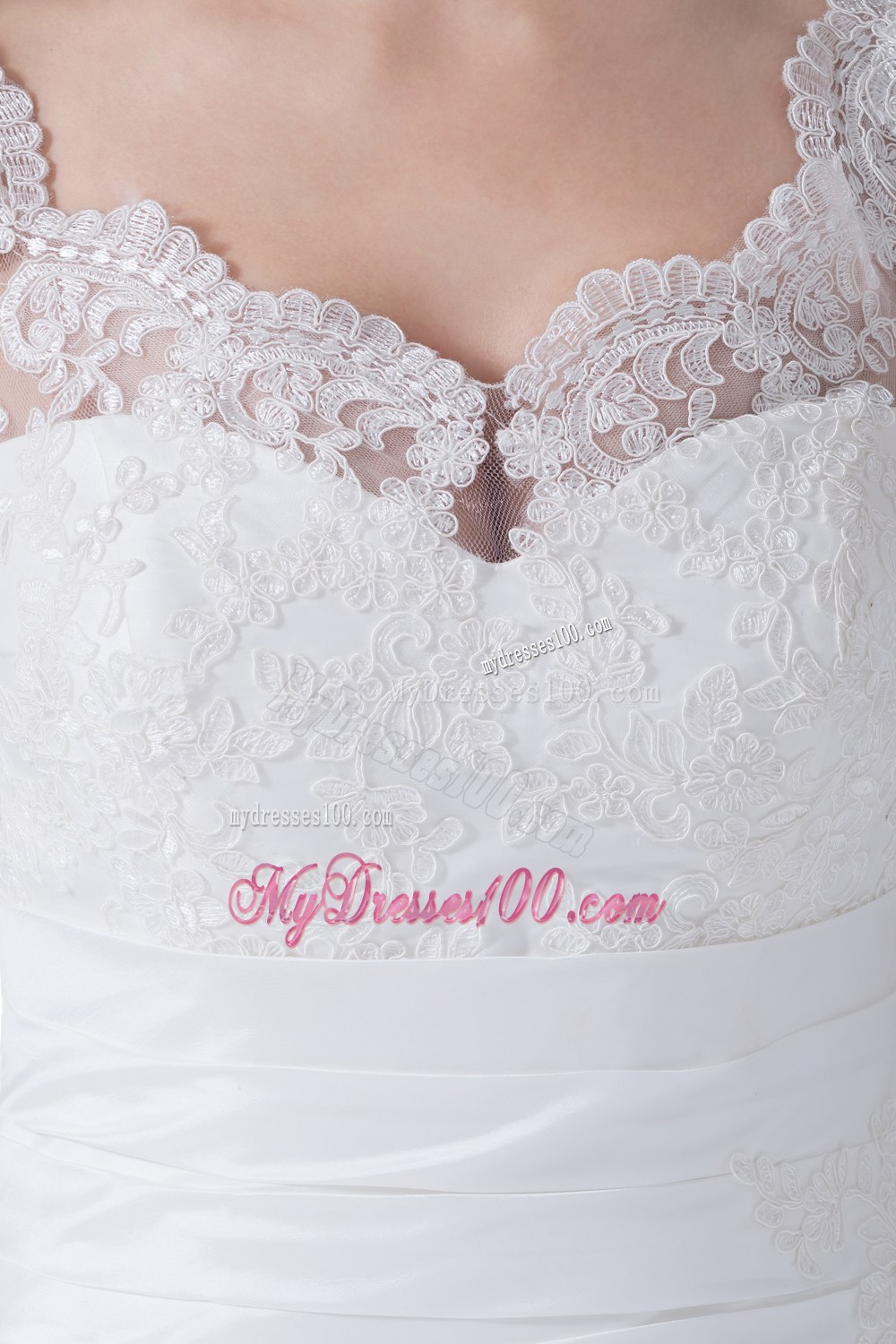 V-neck Column Appliques Ruching Brush Train Wedding Dress