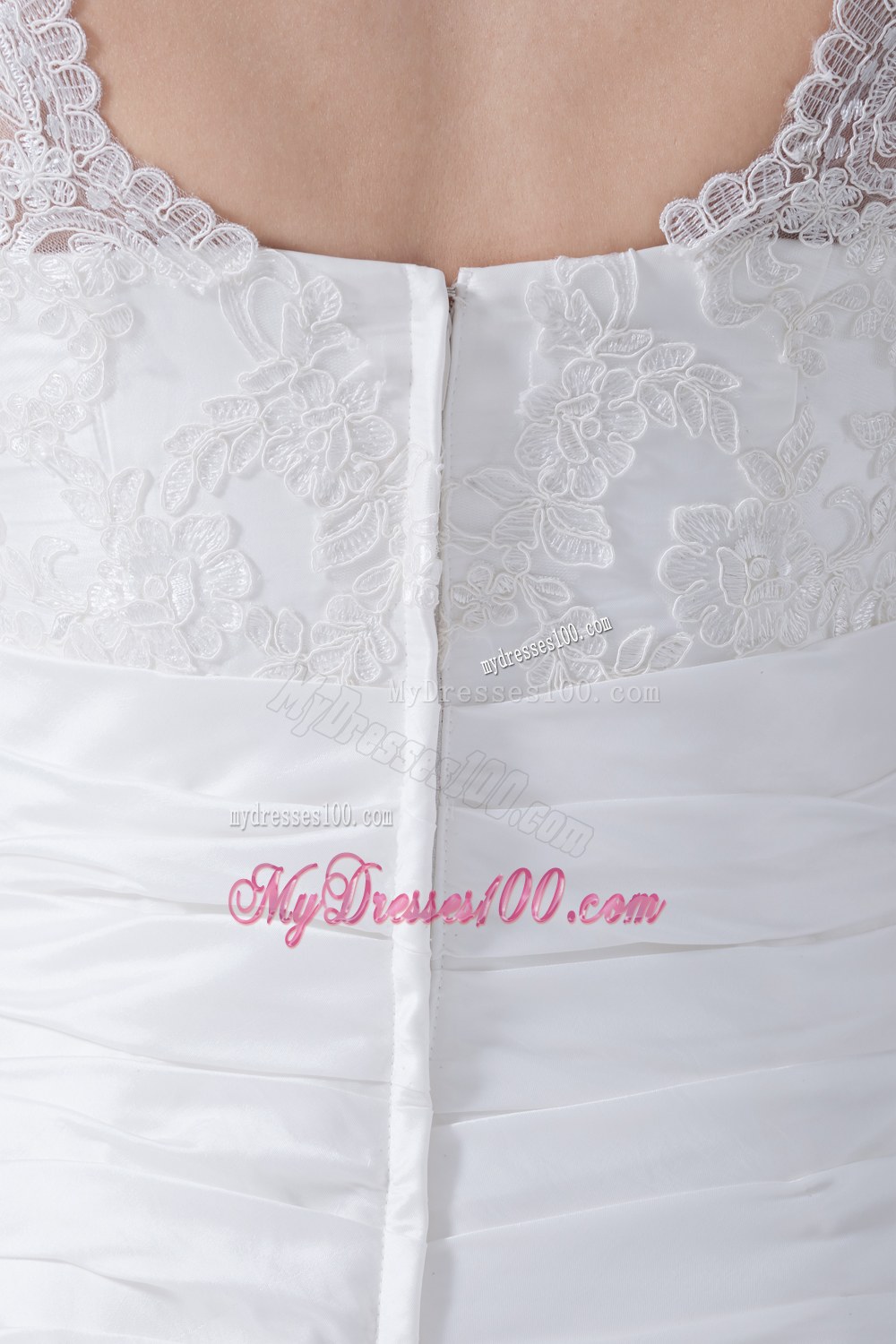 V-neck Column Appliques Ruching Brush Train Wedding Dress