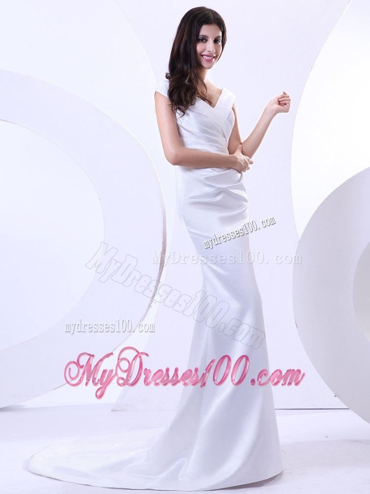 Elegant Column V-neck 2013 Cheap Wedding Dress with Brush Train