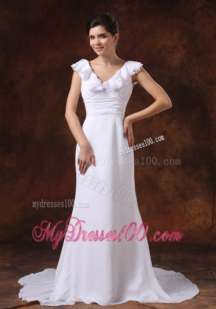 V-neck Ruched Bodice Brush Train Custom Made For Wedding Dress