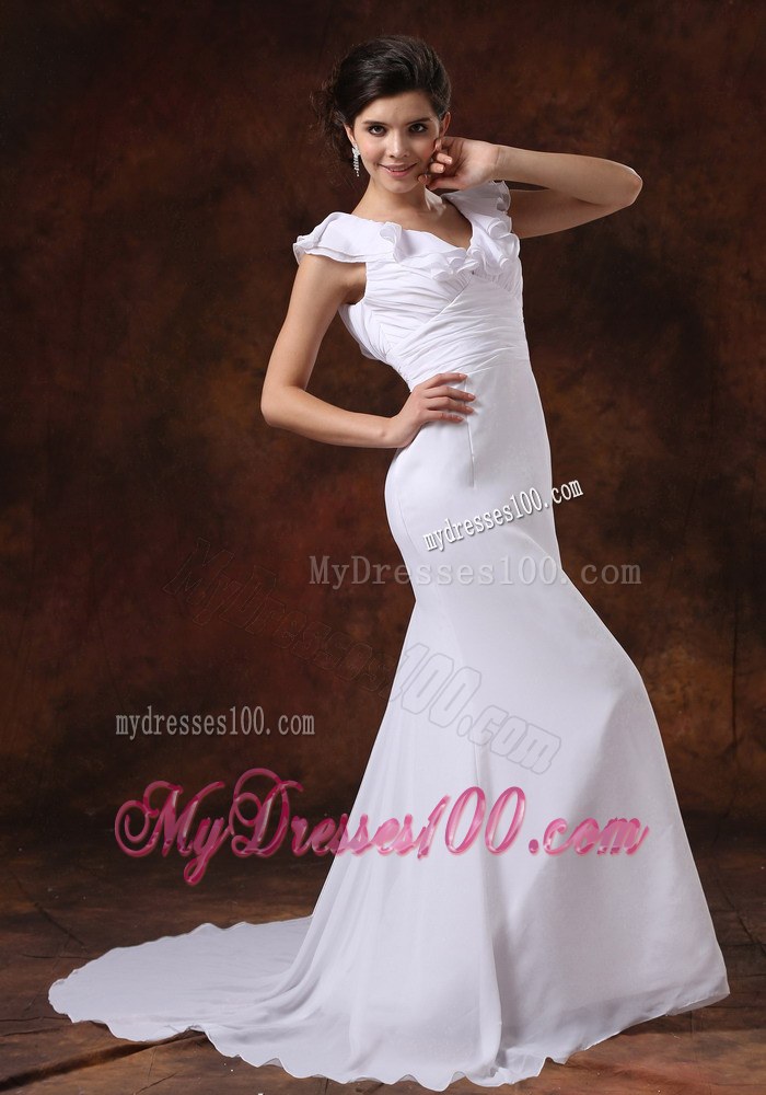V-neck Ruched Bodice Brush Train Custom Made For Wedding Dress