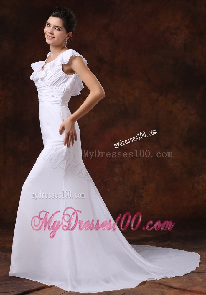 V-neck Ruched Bodice Brush Train Custom Made For Wedding Dress