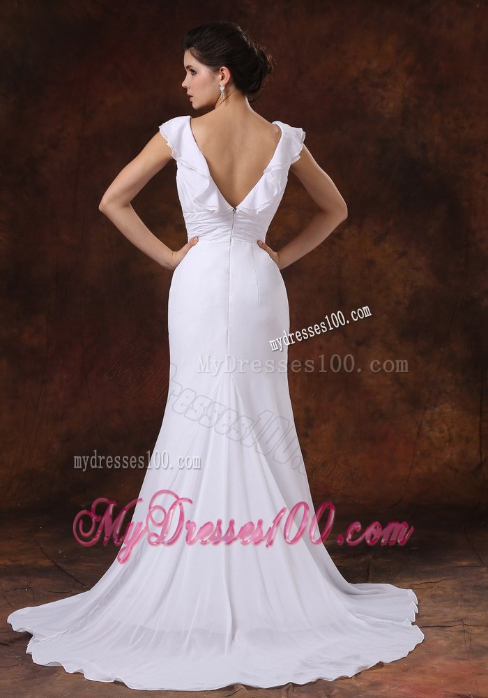 V-neck Ruched Bodice Brush Train Custom Made For Wedding Dress