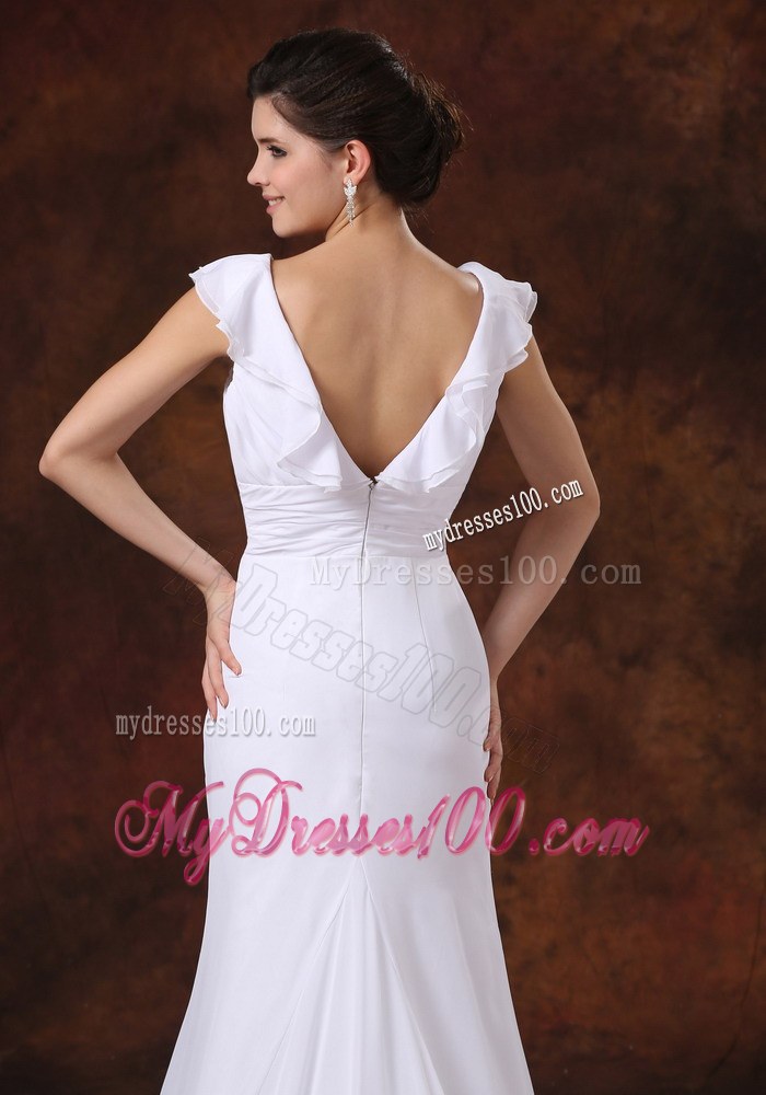 V-neck Ruched Bodice Brush Train Custom Made For Wedding Dress