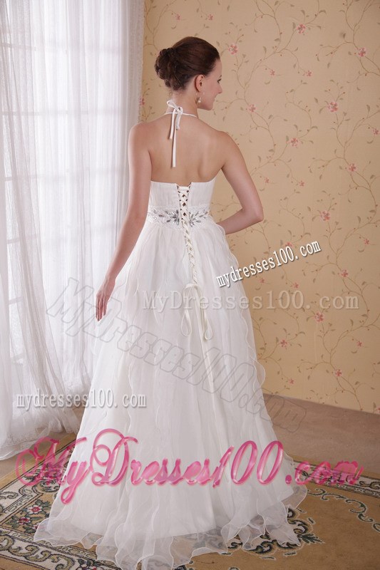 White Princess Halter Brush Train Wedding Dresses with Rhinestones