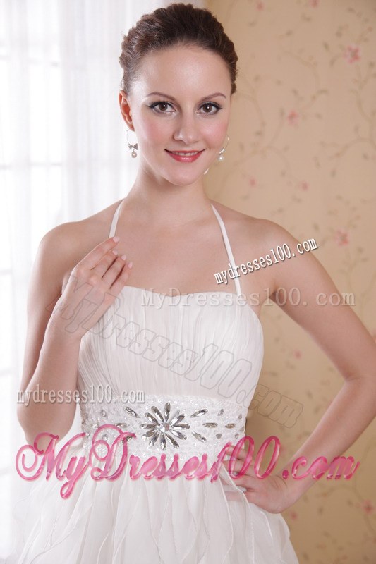 White Princess Halter Brush Train Wedding Dresses with Rhinestones