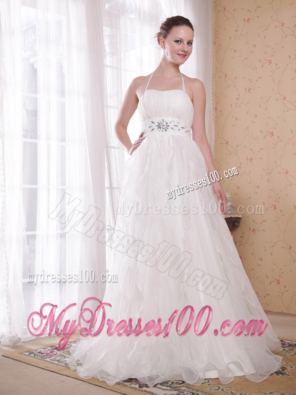 White Princess Halter Brush Train Wedding Dresses with Rhinestones