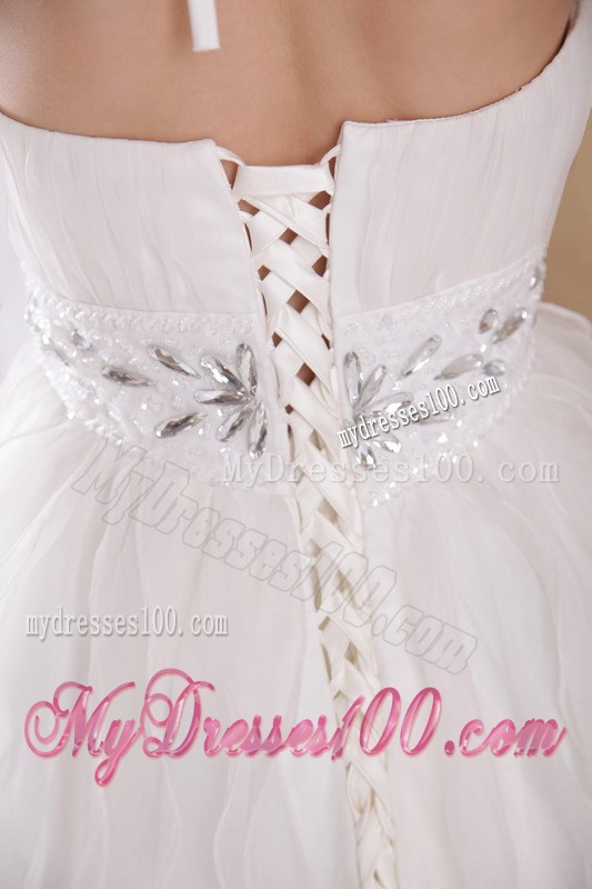 White Princess Halter Brush Train Wedding Dresses with Rhinestones