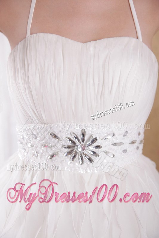 White Princess Halter Brush Train Wedding Dresses with Rhinestones