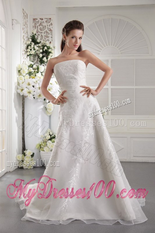 White Princess Strapless Court Train Bridal Gown with Embroidery