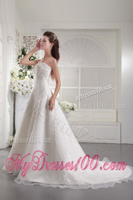 White Princess Strapless Court Train Bridal Gown with Embroidery