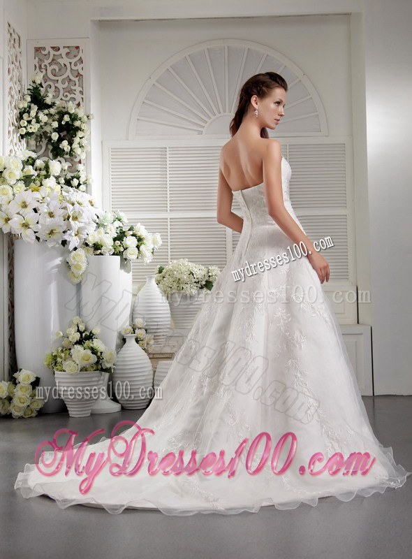 White Princess Strapless Court Train Bridal Gown with Embroidery