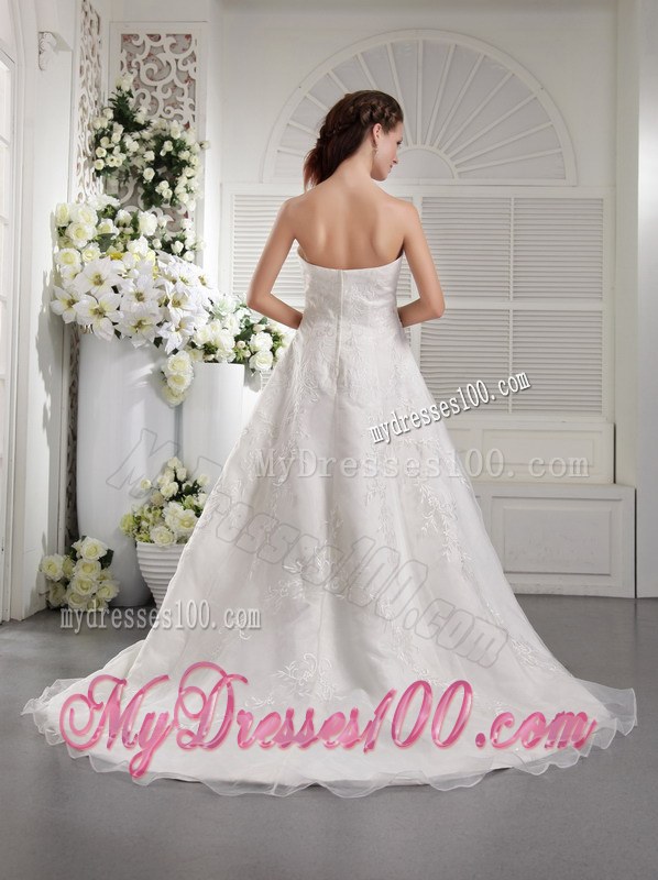 White Princess Strapless Court Train Bridal Gown with Embroidery
